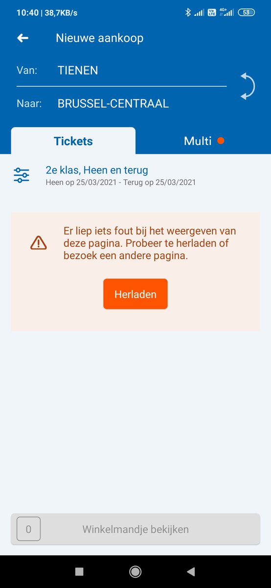 kris_wolfs's tweet photo. @NMBS Wat is het probleem met de app? Kan geen ticket kopen. Eerst gaat het 5 keer fout tijdens het betaalproces (2 banken en mastercard geprobeerd). En nu krijg ik zelfs niets meer in winkelwagentje... https://t.co/DpTozky0Fb