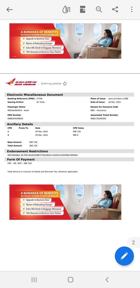 mehbub08's tweet photo. @AirIndia_assist @bhartiaxalife Can you please check attached EMD copy for insurance and provide details for said insurance, purchased while booking.

As check with customer care got no response and asking policy details for insurance which has not received  untill so far. https://t.co/3cP5rkTKsi