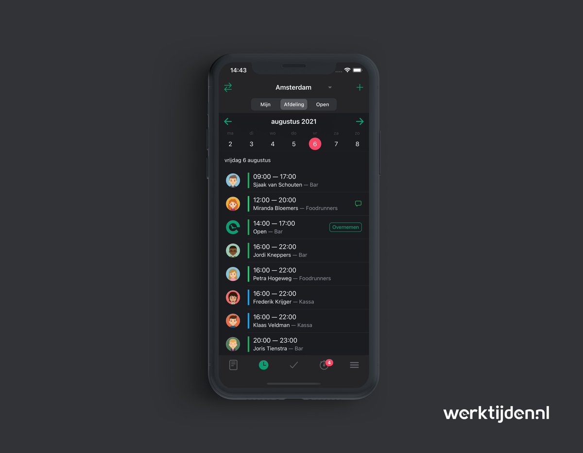 Werktijden's tweet photo. Dark mode, de nieuwe look voor in het donker. Vanaf nu beschikbaar in de App store. #roosterapp #personeelsplanning https://t.co/ffyyy6YXzw
