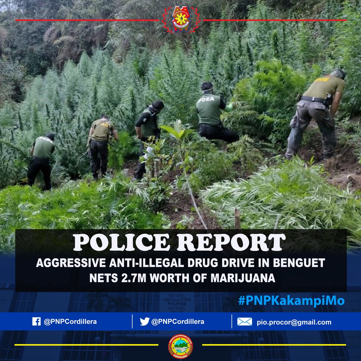 Over 2.7M worth of fully-grown marijuana plants, seedlings, and dried marijuana stalks were cleared off from three plantation sites in the town of Kibungan, Benguet on March 22-24, 2021

Read: bit.ly/3da3onL