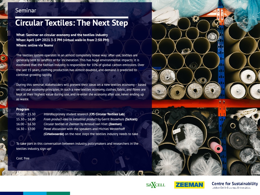 LDE_CfS's tweet photo. #seminar
How can we move towards textiles economy based on circular economy principles? On April 14 Arnoud van Vliet (@zeemantextiel), Gerrit Bouwhuis (#SaXcell) and @WesterhoffM will share their thoughts. Interested in their perspectives? Sign up here: https://t.co/k5PRUCMfeb https://t.co/G805dDts8s