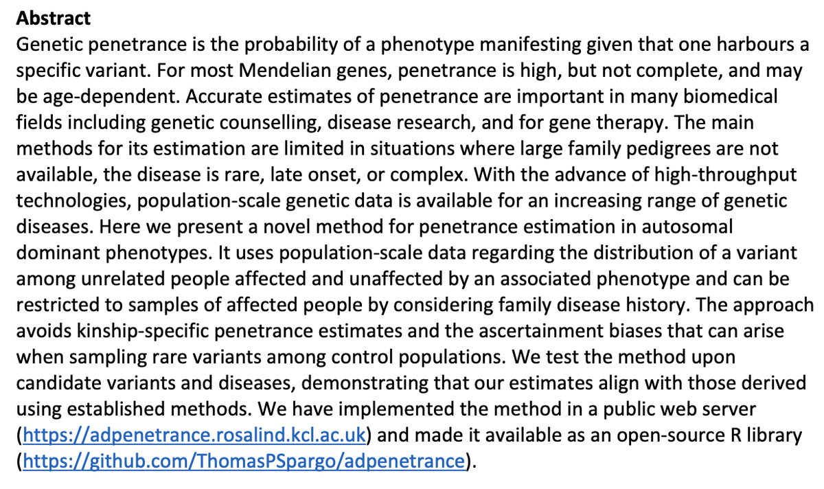 ThomasSpargo's tweet photo. We have developed a new method to calculate genetic penetrance in autosomal dominant traits! The preprint is on medRxiv (https://t.co/yd3jQxAg8T) and the approach can be operated using our webserver (https://t.co/nb8R8O4QV8) or the R function on GitHub (https://t.co/AskvRo1nDL). https://t.co/20UIkmC3uj
