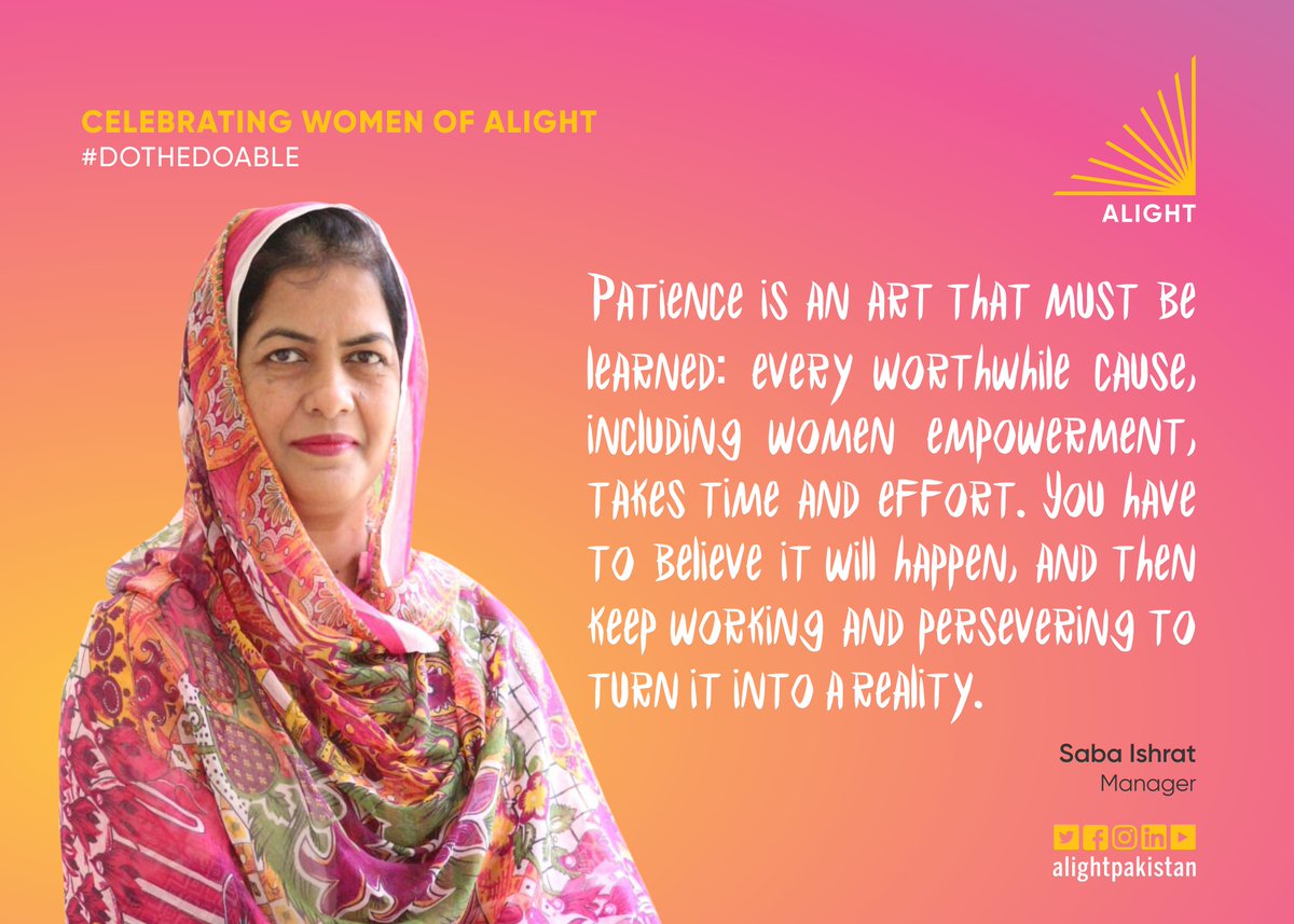 alightpakistan's tweet photo. Today we're honoring Saba Ishrat, Project Manager at Alight Sindh, as part of the #WomenOfAlight series! 

Saba celebrates every success in her social work, no matter the scale. For this reason, we have assigned her our 4th organizational value: #DoTheDoable! https://t.co/K9ZD80uwnt