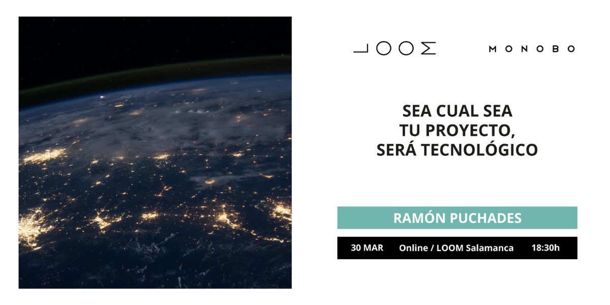 📝 #AgendaLOOM | El próximo día 30 asiste a una charla en la que aprenderás cómo incorporar la tecnología, además de herramientas para planificar el desarrollo de proyectos innovadores.

🗣<a href="/madclimber/">Ramón Puchades</a>, CINO de <a href="/wearemonobo/">MONOBO</a> 
🕐 18:30 pm
📍 Online: mtr.cool/lcfjgrmqtw