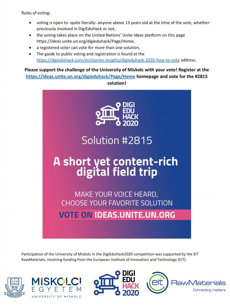 EFG has co-organised a <a href="/DigiEduHack/">DigiEduHack</a> (Virtual Exploration #Geology Field Trip), hosted by <a href="/unimiskolc/">UniversityOfMiskolc</a>. 
💡 The solution of the Oxford team is among the 12 finalists and open for voting until 28 March 20:00 CET 🗳 🏆 Vote for the solution! ➡️ ideas.unite.un.org/digieduhack/Pa…