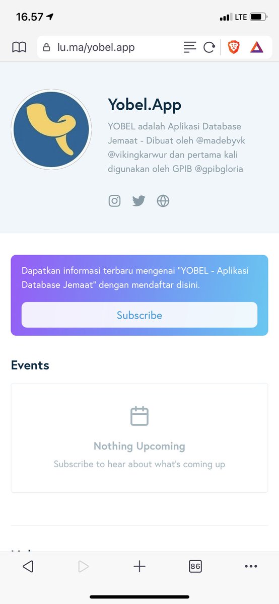 Laman profil di lu.ma/yobel.app : Informasi Training/Webinar #DatabaseJemaat akan ditampilkan pada bagian event laman ini.