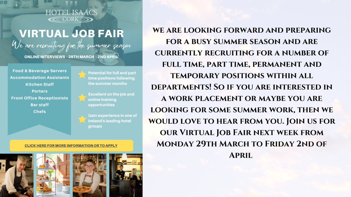 WE ARE RECRUITING ACROSS ALL DEPARTMENTS, click on the link to apply.  We would love to hear from you app.occupop.com/shared/job/hos… #Jobs #jobseekers #corkjobs #newstart