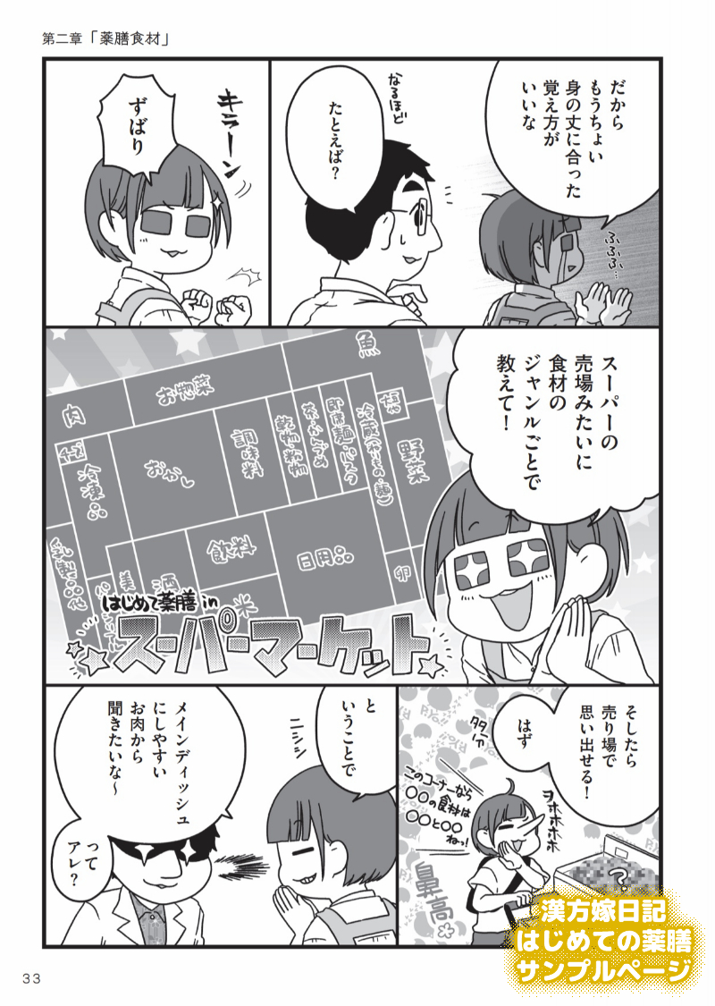 漢方嫁日記~毎日の食事を、おいしいお薬に変える~「はじめての薬膳編」から二章「薬膳食材」の見本ページ(2/6)
この本は息子たちの出産をきっかけに自分の食と健康を見直した私が私の覚えやすいやり方=スーパーの陳列で薬膳を教えてもらう話です(一章は体質診断のお話だけど見本映えしなかった)