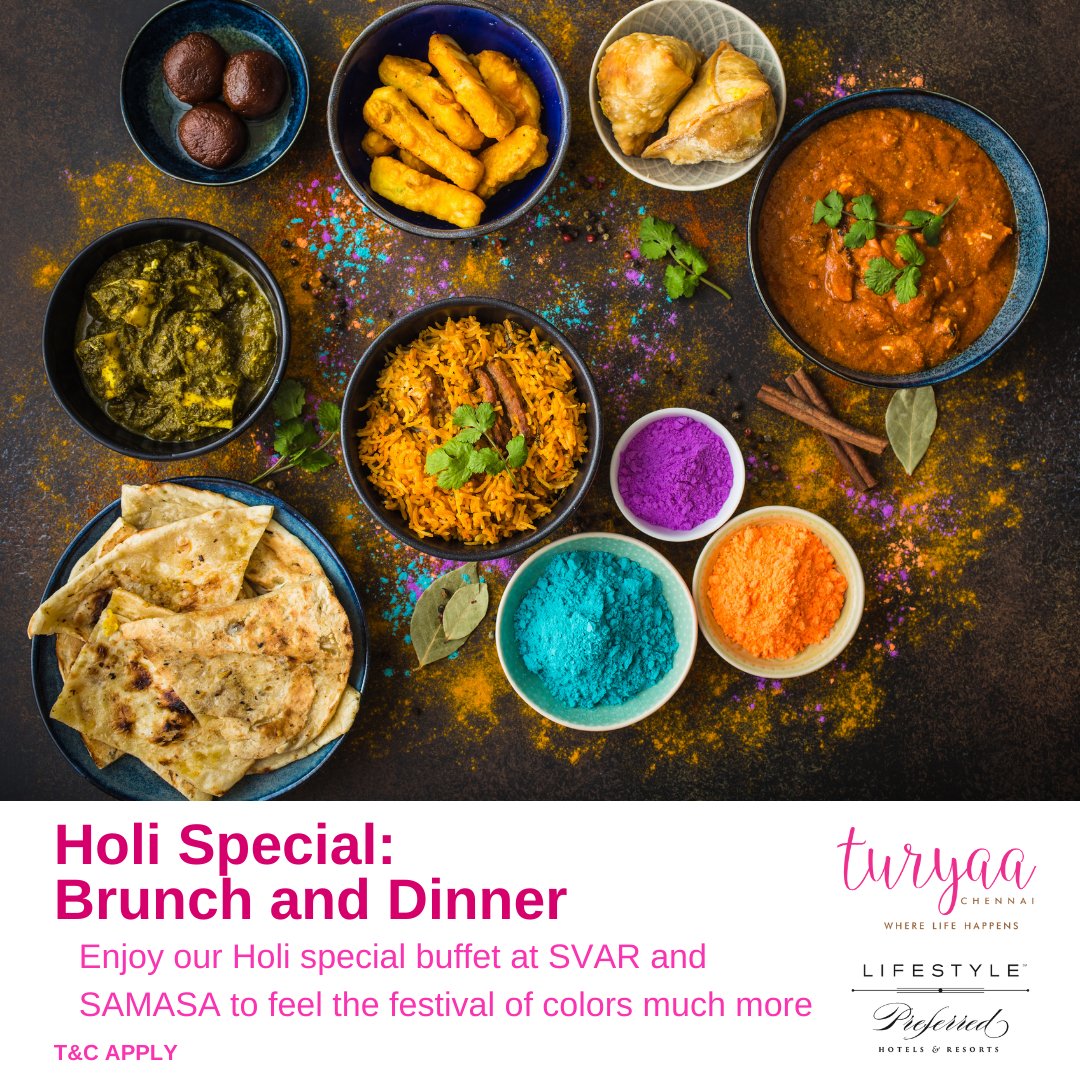 TuryaaChennai's tweet photo. Let celebrate this season of Holi with additional love as we layout a stunning and lavishing Brunch Buffet at SVAR and Buffet Dinner at SAMASA on this 28th of March.
For reservations contact us @+91 7358048883
#holi #special #buffet #brunch #dinner #march #dine #svar #samasa https://t.co/IowmS2yjtR