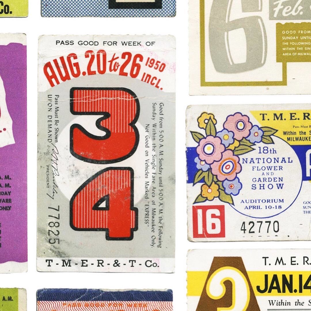 A fabulous donation from Tobias <a href="/frerejones/">Frere-Jones Type</a>: 170 transit passes from Milwaukee’s trolley system, 1937–1969. Each week had a unique design. (Reposted from <a href="/stewf/">Stephen Coles</a> on Instagram.)