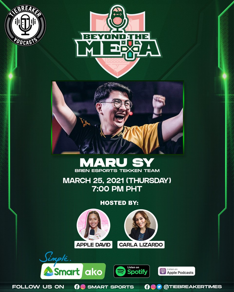 tiebreakertimes's tweet photo. In just one hour, one of the best Tekken players in the country goes #BeyondTheMeta once more!
@BrenEsports' Maru talks about his upcoming @PhNationals campaign with @CarlaJenina Lizardo and @apppledavid.
Catch the show over at https://t.co/pvMsyg29my
#SmartAko #TheNationals https://t.co/jhB3q283AN