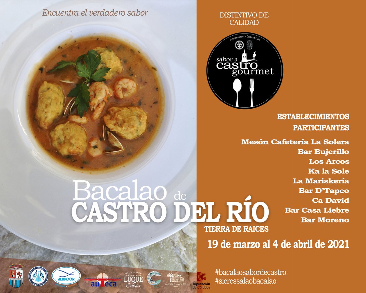 Descubre una nueva actividad gastronómica, popular e innovadora, en la que el producto estrella será el bacalao, hasta el próximo día 4 de abril, en la localidad de Castro del Río. #bacalaosabordecastro #sieressalaobacalao 

#córdoba_mágica ♥️ #Comienzaaquítuviaje