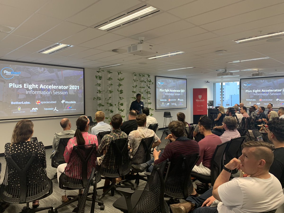 PlusEightAU's tweet photo. Full house at @MurdochUni CBD space to launch @PlusEightAU 2021 #accelerator tonight with rising #startups looking for tips on their #applications. A big thank you to our 2021 partners, @RACWA #BetterLabs, @WoodsideEnergy, @Mirvac, Hawaiian, Eastcourt, @jacmacwa &amp; @space3ed https://t.co/ofRVbi2b5I