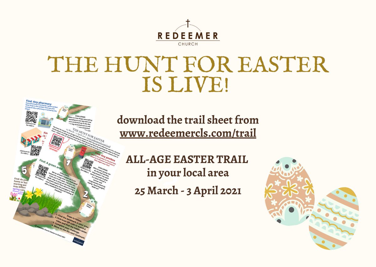 The all-age HUNT FOR EASTER trail is live! This trail can be done in your local area. Download the trail sheet from redeemercls.com/trail. Scan QR codes to meet sensational characters from the first Easter and receive FREE mini eggs. Trail ends Saturday 3 April. Don’t miss out!