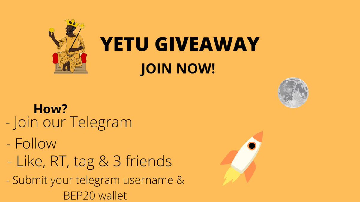 We will give 25 $YETU each to 50 winners in 48 hours who follow simple tasks below:

🔸Join Telegram Channel: t.me/yetubit
🔸Follow: <a href="/yetuswap/">Yetuswap</a> @yetubit1 <a href="/ngolamussassa/">Euclides Manuel 🌋🌍⚡️</a> 
🔸Like, RT this post &amp; tag 3 friends 
🔸Submit your telegram username &amp; BEP20 wallet.

Good luck!