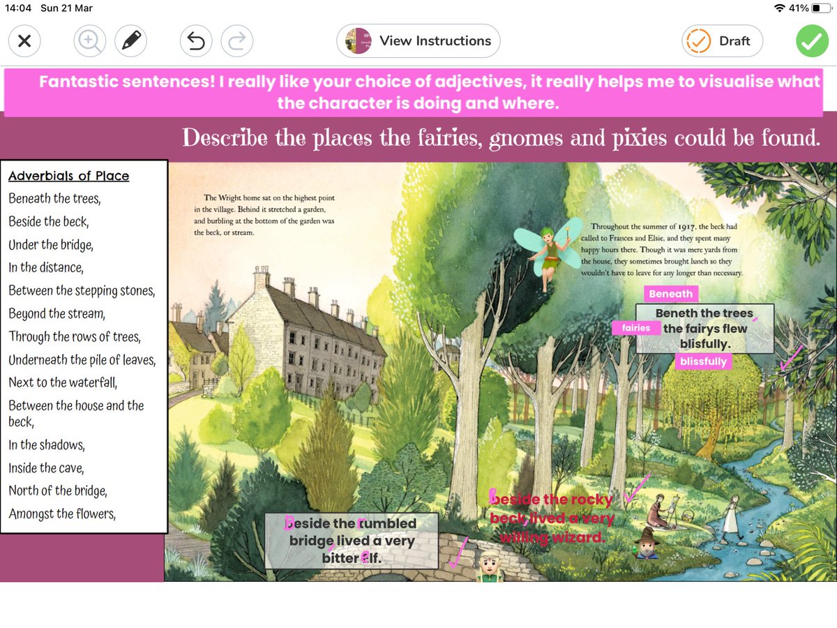 MissChloeMT's tweet photo. Year 5 have been learning about adverbial of place. We used #emojis in @Seesaw to place our characters and then wrote sentences using adverbial to describe where they are! #TeamS107 #CognitaWay #AcademicTwitter #grammar #Cottingleyfairies https://t.co/ih7aSjFg1q