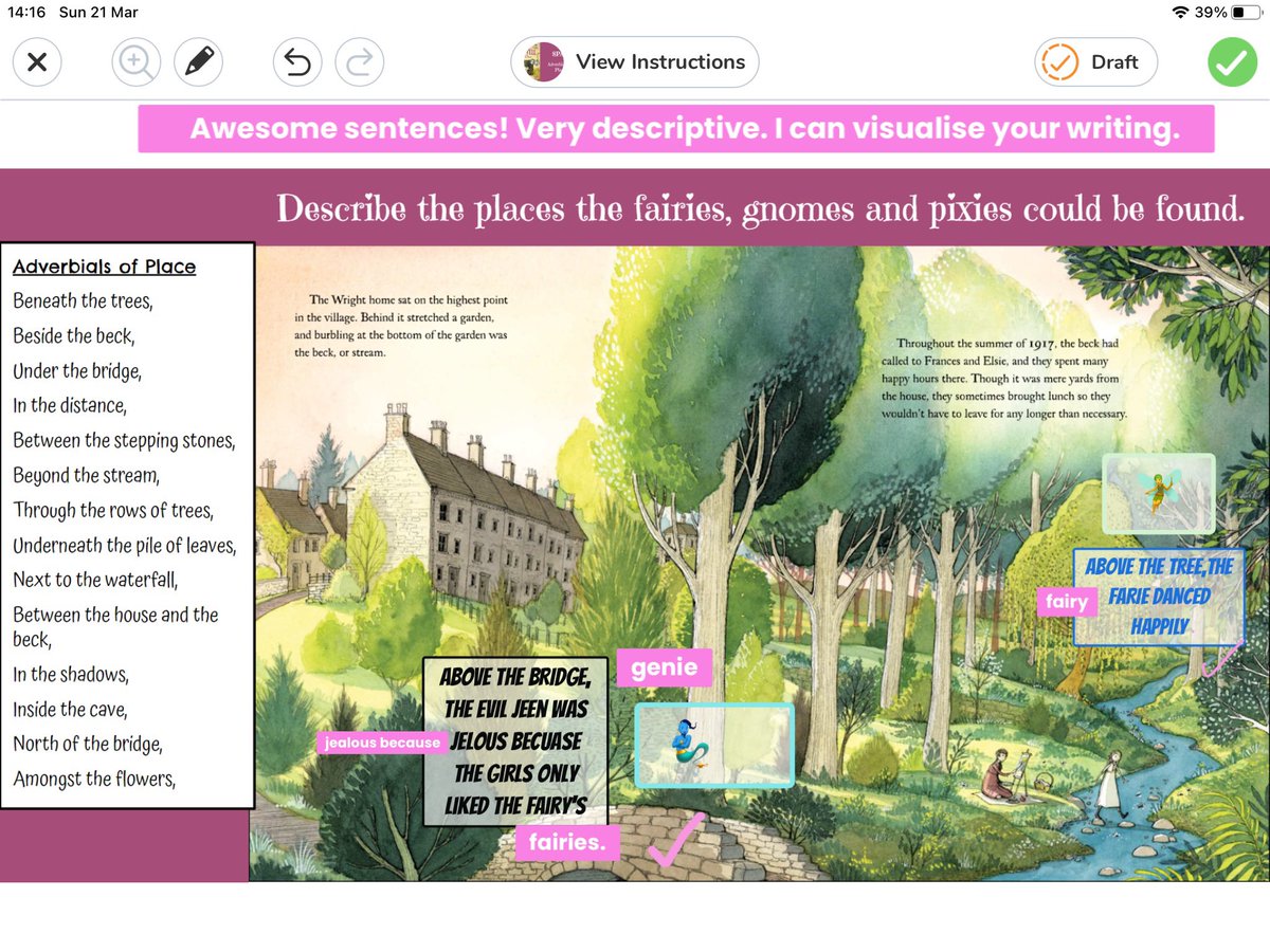 MissChloeMT's tweet photo. Year 5 have been learning about adverbial of place. We used #emojis in @Seesaw to place our characters and then wrote sentences using adverbial to describe where they are! #TeamS107 #CognitaWay #AcademicTwitter #grammar #Cottingleyfairies https://t.co/ih7aSjFg1q