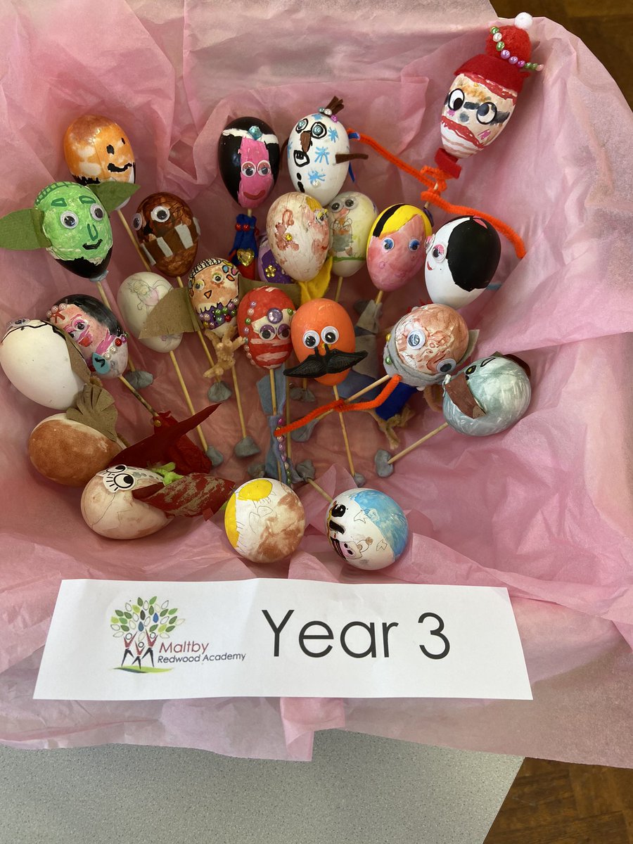 RedwoodMaltby's tweet photo. The Easter Egg competition is in full swing. Just look at all these brilliant entries. Their task was to design and make an egg that represented a book or a character. Can you guess who they are? A huge thank you to our local @Tesco who donated some delicious prizes! https://t.co/hakXvyrH0n