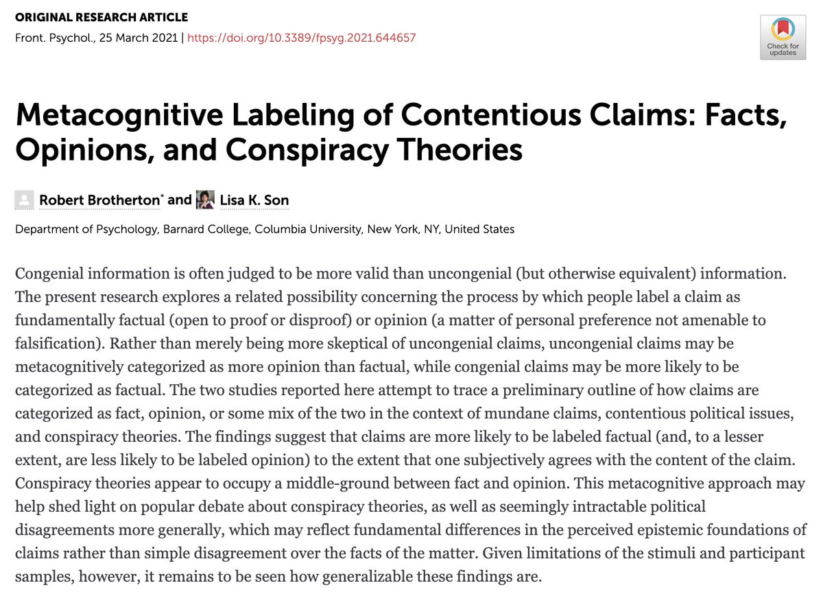 A new metacognitive bias. 

How do you know a statement is a #fact an #opinion ? Does it depend on whether you agree? Maybe. 

#Frontiers paper on “Metacognitive labeling of contentious claims: Facts, opinions, and #conspiracytheories ” with <a href="/BarnardCollege/">Barnard College</a> Prof <a href="/rob_brotherton/">Rob Brotherton</a>