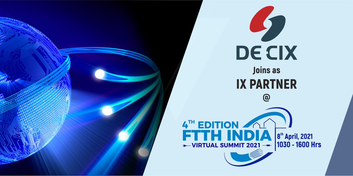 Ranjeet78873977's tweet photo. DE-CIX India joins as IX PARTNER at the most awaited #FTTH event 4th FTTH India Virtual Summit 2021 on 8th April @1030-1600 Hrs #decix #decixindia #5g #bharatexhibitions #fibertohome #DigitalTransformation #fiber #fiberoptics #ftthindiavirtualsummit2021 #datacenters #fibernetwork https://t.co/d1B9UPHeYX