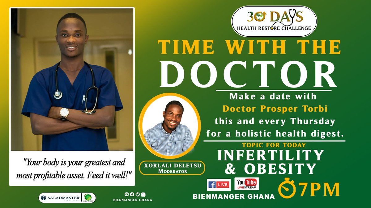 Bienmangergh's tweet photo. Join us this Thursday as we host Dr. Torbi on THE 30 DAYS HEALTH RESTORE CHALLENGE, for a discussion on Infertility &amp; Obesity.
You don’t have to miss this. https://t.co/SCUDRg4ry3