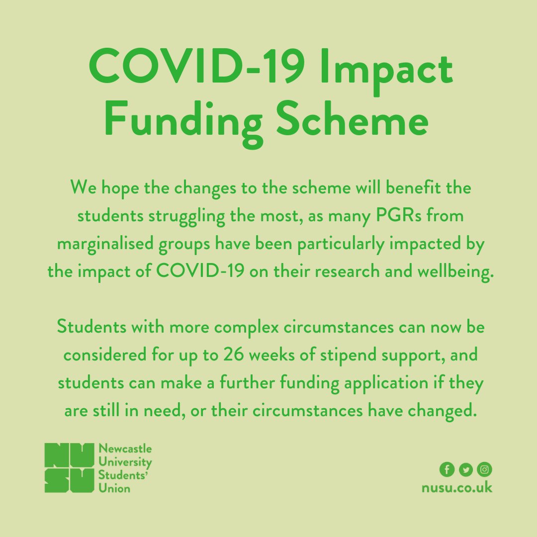 NUSUpostgrad's tweet photo. The improved COVID-19 Impact Funding Scheme is open for applications from PGRs who need stipend support - first round closes 6th April for decisions in May. I've worked hard to make this as accessible and flexible as possible, so apply now if you need financial support! https://t.co/Jzc78QWl5b