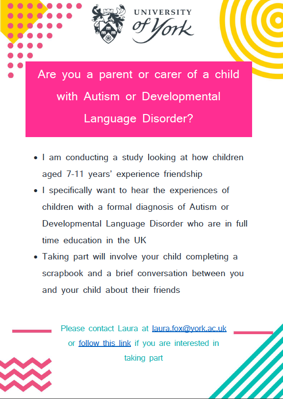 Are you a parent or carer of a child with Autism or DLD? If so I would love to hear from you and your child about how they experience friendship! RT's appreciated. 

You can read more/sign up here: york.qualtrics.com/jfe/form/SV_0I…

#dld #Autism #devlangdis @DeptEdYork