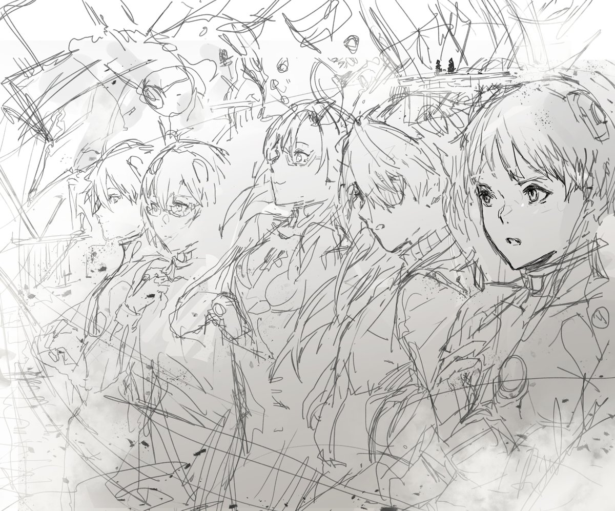 ファンアートは自分の強めの幻覚入れていく。オールスター絵、大ラフ(一枚目)をもとにちまちますすめていきます 