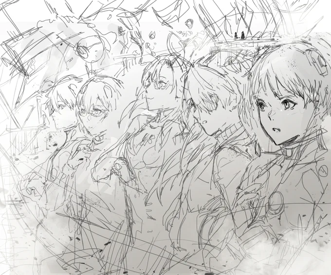 ファンアートは自分の強めの幻覚入れていく。オールスター絵、大ラフ(一枚目)をもとにちまちますすめていきます 