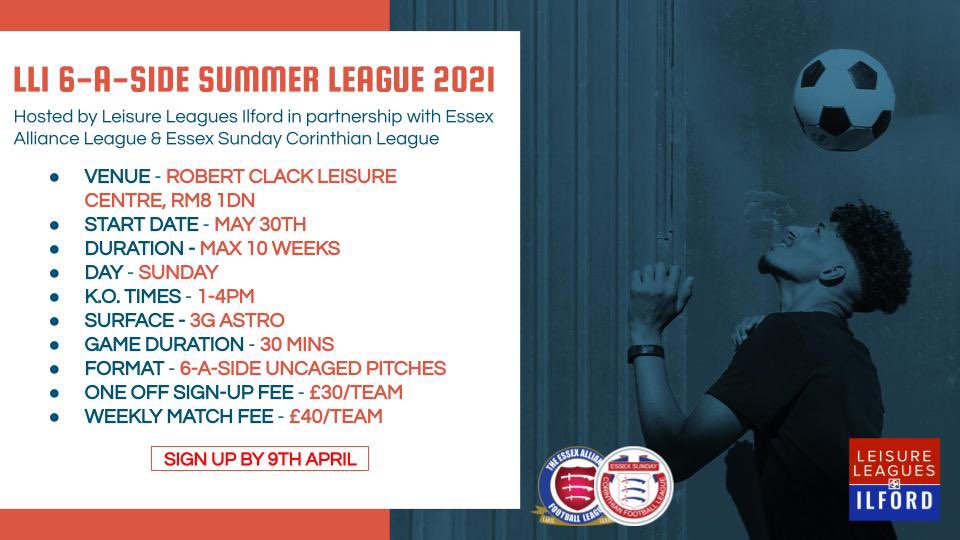 IlfordLeagues's tweet photo. We’ve confirmed the key details and are excited to host the Summer League this year. All teams that had registered interest have now been contacted. We can’t wait to see some great competitive football! 🔥

@essexcorinthian @EssexAllianceFL @leisureleagues https://t.co/o8NGnLScOE