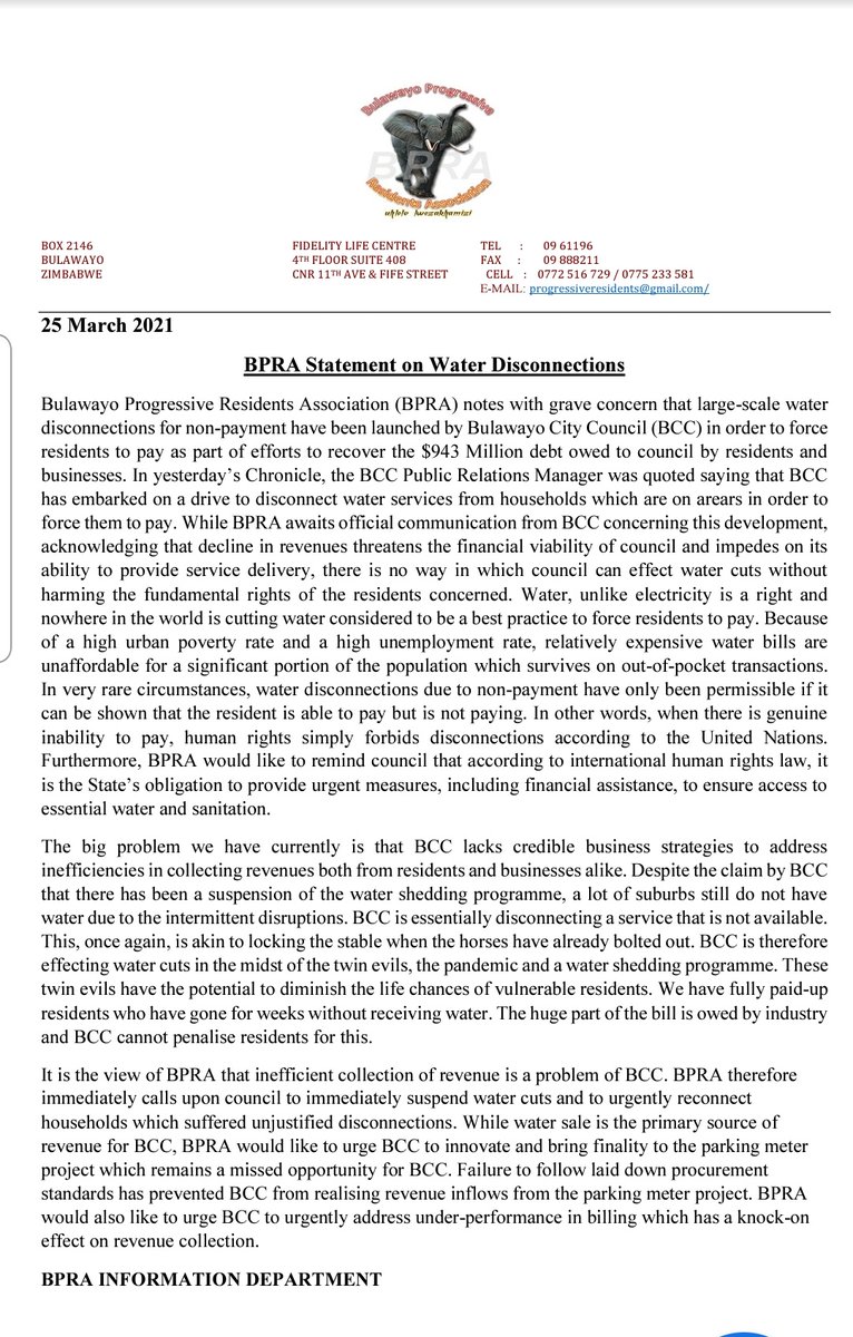 byopra's tweet photo. Water is a fundamental human right and has no substitute!!

Here is our statement on the water disconnections that have been launched by @CityofBulawayo https://t.co/8Tx6LlAt8N