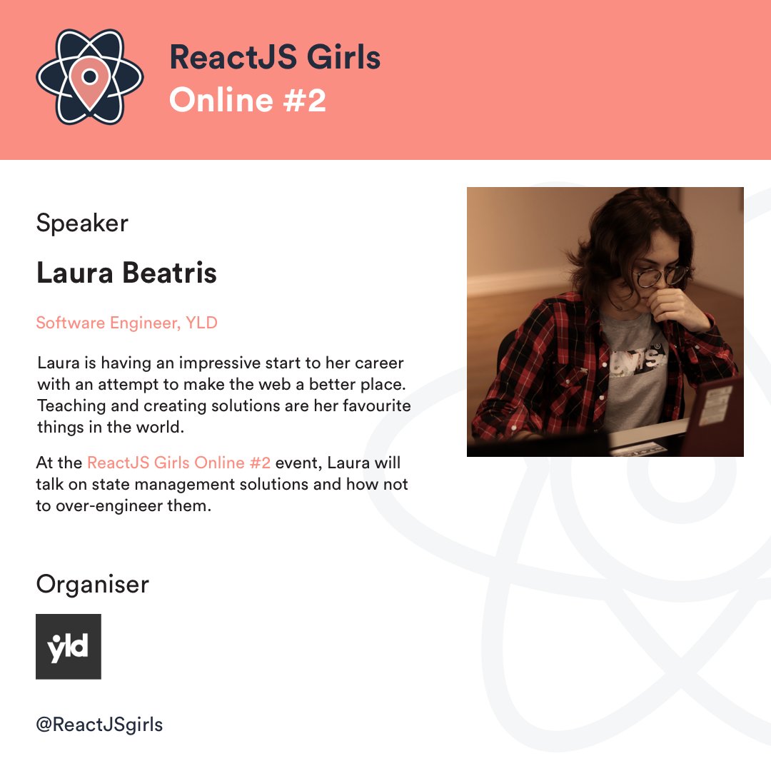 ReactJSgirls's tweet image. Introducing our first speaker
@lauradotjs
for our Meetup on the 22nd April at 5pm GMT. Laura is a #SoftwareEngineer at
@YLDio
and will be speaking on state management solutions.
Join us!
link.yld.io/Ct3cz3
#Meetup #ReactJS #React