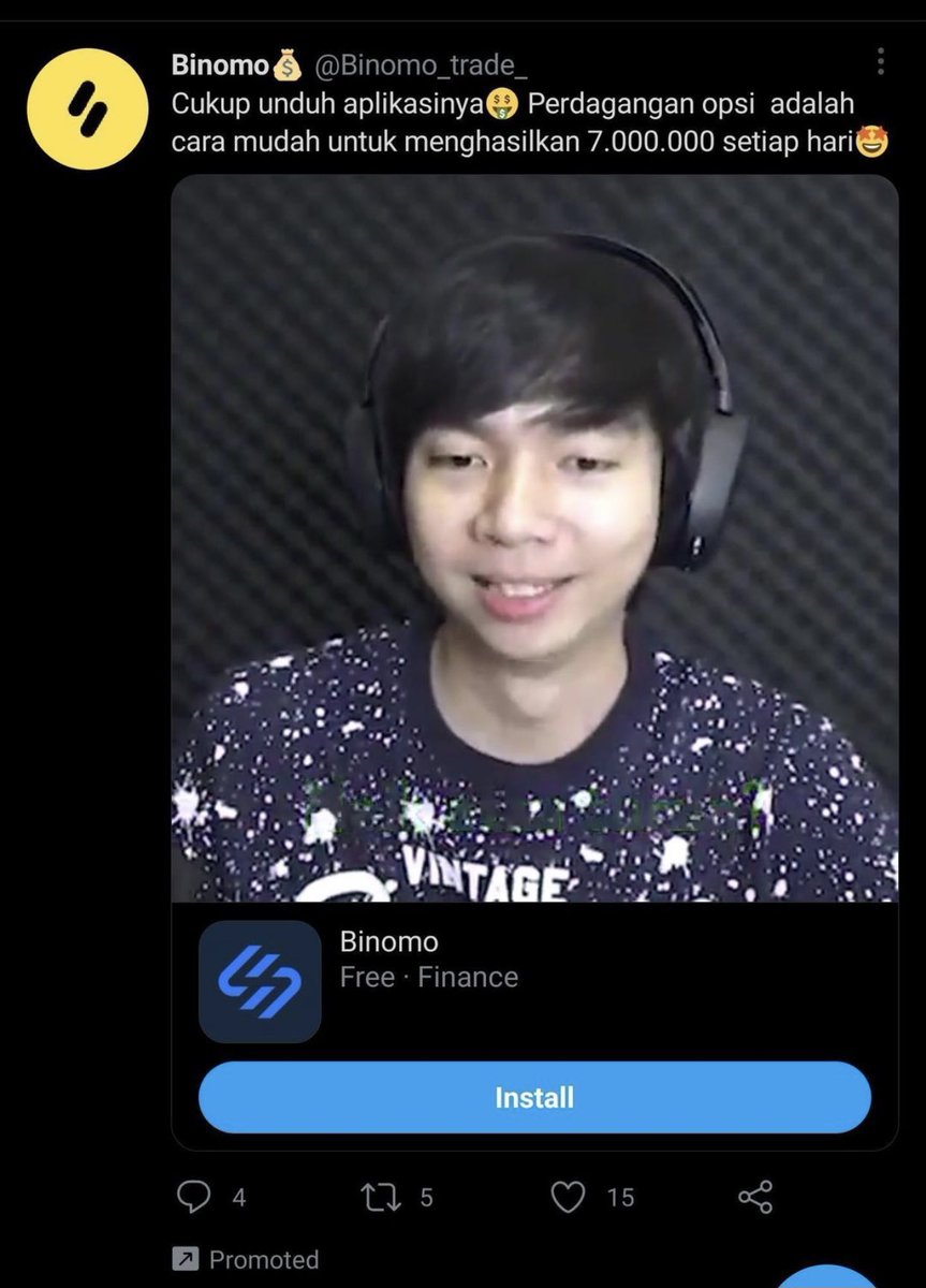 Hi <a href="/TwitterID/">Twitter Indonesia</a> @Twitter I found an ad here in twitter Indonesia promoting Binomo, the ad contains my photo without my permission let alone to use it as a promotion. Can you please help me with this issue or maybe take down the ad? Thanks in advance