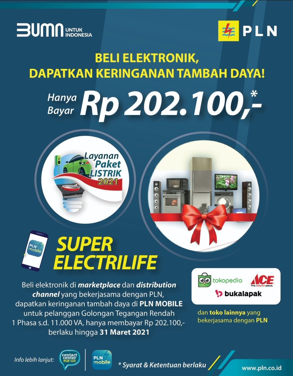 plnup3gresik's tweet photo. Dear Electrizen

Gresik - Program Tambah Daya Super Electrilife merupakan program promo terkini bagi pelanggan setia PLN. Super Electrilife dikhususkan bagi pelanggan tegangan rendah 1 Phasa dengan hanya membayar Rp. 202.100,00 (Dua ratus dua ribu seratus rupiah) selama periode https://t.co/UJ16IiVR9Y