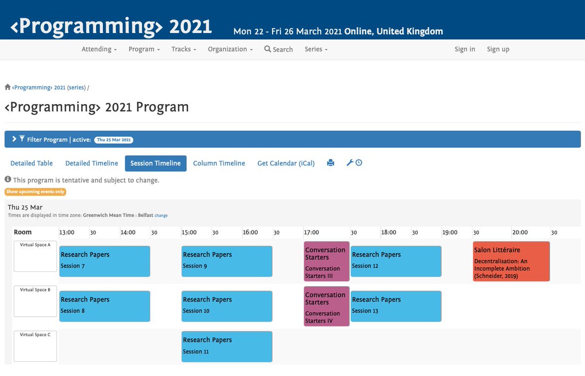 programmingconf's tweet image. The #prog21 program for today:
- Research Papers
- Conversation Starters
- Salon Littéraire
➡️ 2021.programming-conference.org/program/progra…