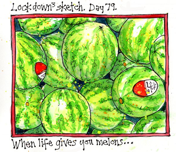 MaureenMace's tweet photo. Lockdown3 sketch. Day 79.
When life gives you melons...
#lockdown #lockdownsketch #melons #dyslexic #sketch #the100dayproject https://t.co/hyu9qUOzBV
