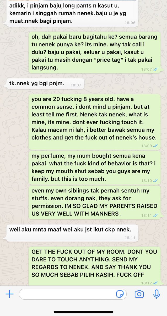 smin_nr's tweet photo. cousin tak cousin, nenek tak nenek. kalau perangai macam sial. memang aku sembur. aku sabar, aku tahan selama ni. ada nenek pun pilih kasih. pergi mampus lah. at least aku ni tidak pernah pinjam2 barang orang. semua benda aku beli sendiri. peduli lah kena panggil cucu kurang ajar https://t.co/K7ghMONFJO