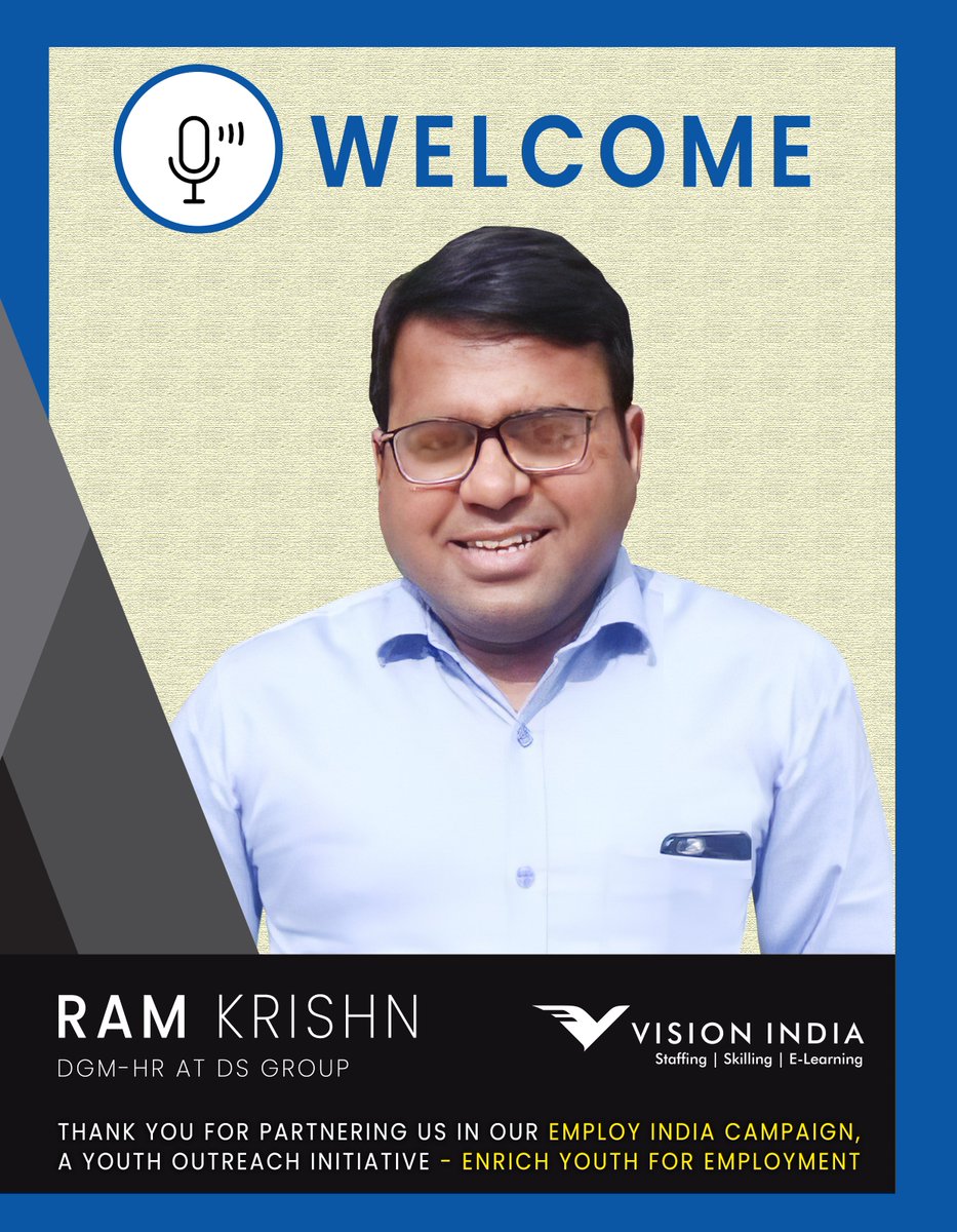 visionindiaspl's tweet photo. Thank you Mr. Ram Krishn for your consent towards partnering us in our #EmployIndiaCampaign.
Mr. Krishn is an alumni of XISS, currently working as DGM-HR at DS Group.
Be The Difference, join our #EmployIndiaCampaign
 
Click here please : https://t.co/dNENEWCFMI https://t.co/e8E75dj8Os