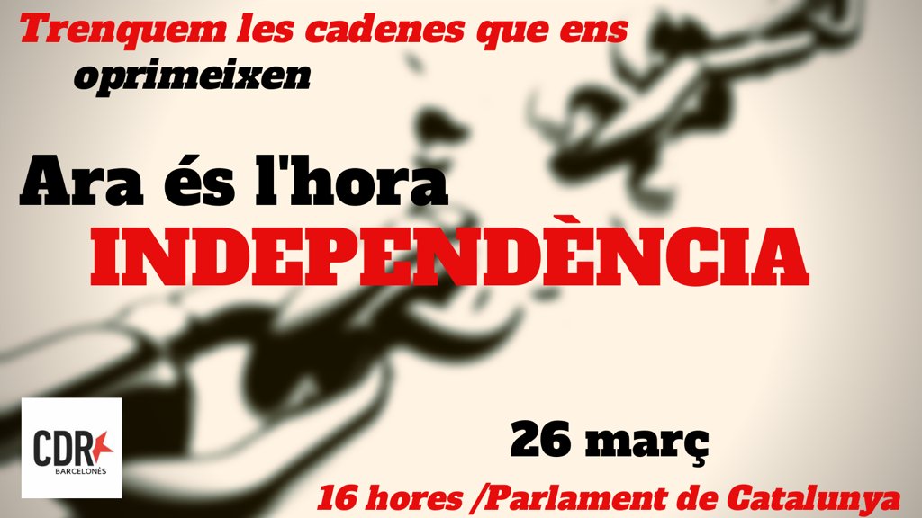 👉🏼El #14F vam tornar a votar #Independència

👉🏼No volem delegats del Regne d’Espanya a les nostres institucions.

👉🏼Ens calen representants que compleixin amb el mandat popular.

📆 26/03
⏰ 16:00
📍 Parc de la Ciutadella

#Obeïuelpoble
#Compliuelmandat14F
#CDREnXarxa