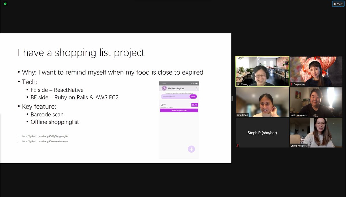 FemCodeLab's tweet photo. Big thanks to @90houHiby and  @melissa_quach for sharing their pain and joy with side projects tonight. So much dedication goes into getting better at the craft and refining best practices. Take your learnings forward. https://t.co/r0duN9jP5f