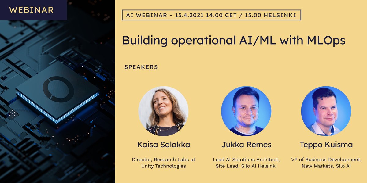 AMD Silo AI (@amdsiloai) on Twitter photo Join our webinar Building operational AI/ML with MLOps on thu April 15 with
🔸 Kaisa Salakka, Director, Research Labs at Unity Technologies,
🔸 <a href="/jjremes/">Jukka Remes</a> , PhD, Lead AI Solutions Architect
🔸 <a href="/kuismatp/">Teppo Kuisma</a>, VP, Business Development
➡️ learn.silo.ai/webinar-mlops
#ML #MLOps #AIforpeople Join our webinar Building operational AI/ML with MLOps on thu April 15 with
🔸 Kaisa Salakka, Director, Research Labs at Unity Technologies,
🔸 <a href="/jjremes/">Jukka Remes</a> , PhD, Lead AI Solutions Architect
🔸 <a href="/kuismatp/">Teppo Kuisma</a>, VP, Business Development
➡️ learn.silo.ai/webinar-mlops
#ML #MLOps #AIforpeople