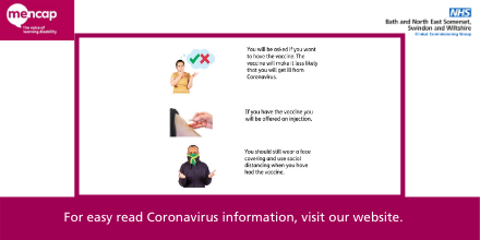 Do you know someone with a learning disability? 

It’s really important they have their Covid-19 vaccine. 

For easy read coronavirus information aimed at helping people with learning disabilities understand the vaccination process, visit our website: bit.ly/BSWcommunities