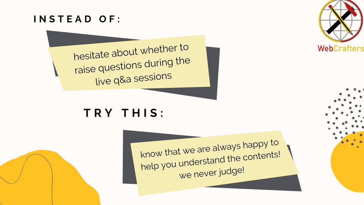 En_WebCrafters's tweet photo. Please do not hesitate to raise any concerns during the Live Q&amp;A we have every week. We are here to help you and guide you. 
Go WebCrafters!

#Codinglife #Coding #HTML #CSS #jQuery #WebDesign #Education #FollowUS #WebCrafters #Enactus #EnactusSheffield https://t.co/WAbsjvIk1F