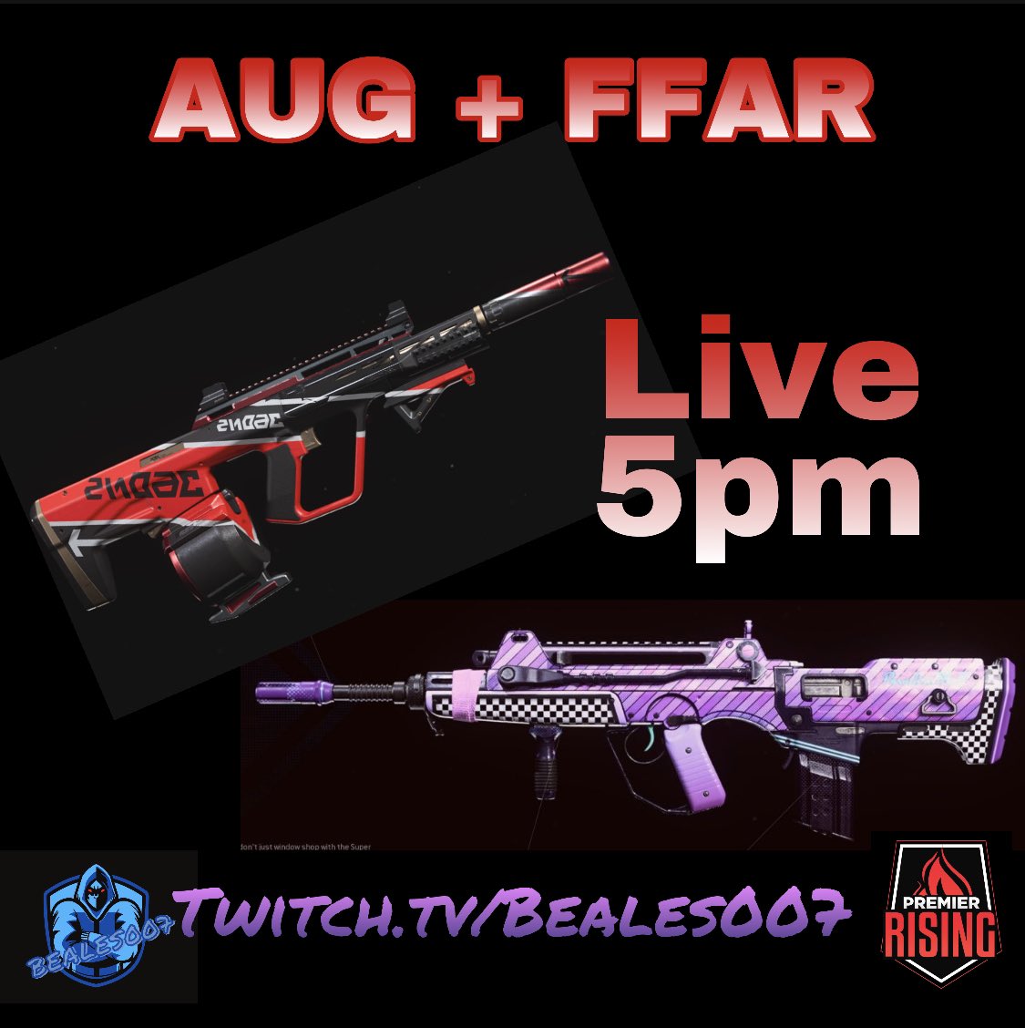 Beales_007's tweet image. Not a fan of the AUG but feel like I should use it before it gets nerfed. 
So today on stream I will be running the AUG and FFAR. 
Join me later around 5pm. @_PremierGG #PremierRising #HomeTeam #EZIOfamily