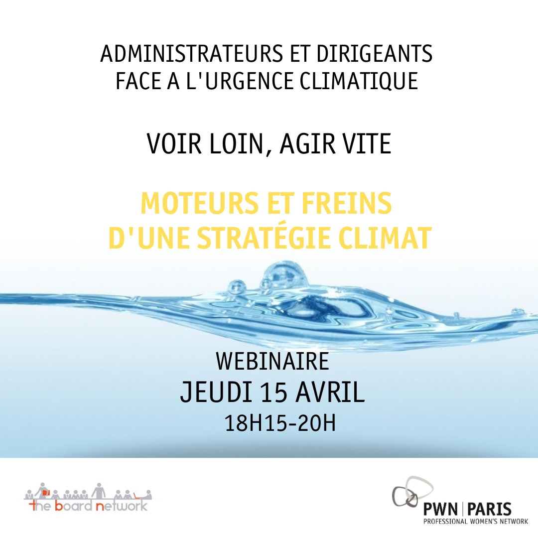 Participez à l'événement Climat organisé par #theboardnetwork
Conseil d'administration et dirigeants face à l'urgence climatique : voir loin, agir vite !
Retour sur un an d'avancées et mise en évidence des moteurs et freins d'une #stratégie #climat.  lnkd.in/eF3FzKG