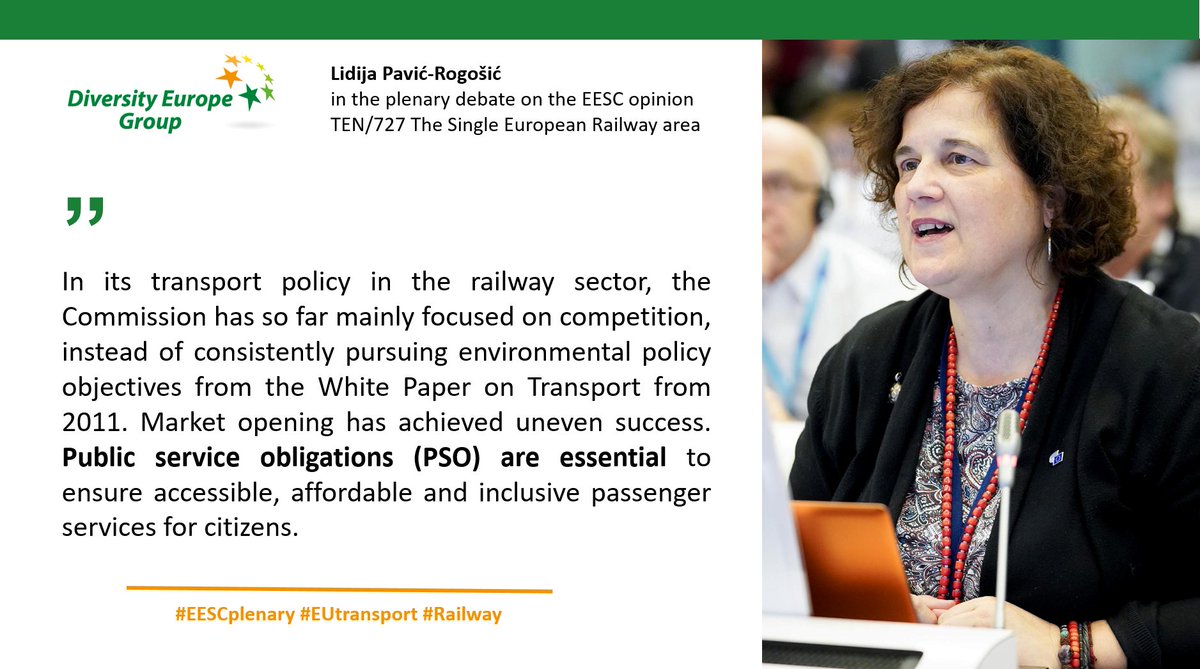 CSOGroupEESC's tweet photo. "Public service obligations are essential to ensure accessible, affordable and inclusive passenger services for citizens," said our member Lidija Pavić-Rogošić at #EESCplenary debate on the opinion TEN/727 on #Railway #EUMobilityStrategy #EUtransport.
Read more👇 https://t.co/xWYEqpKksN