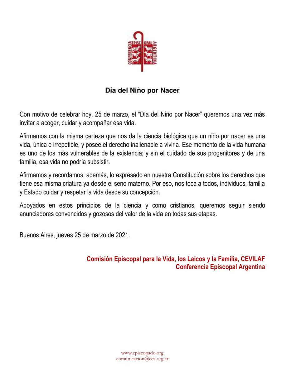CEAvocero's tweet photo. Mensaje de la Comisión Episcopal para la Vida, los Laicos y la Familia.
Con motivo de celebrarse hoy, 25 de marzo, el “Día del Niño por Nacer” queremos una vez más invitar a acoger, cuidar y acompañar esa vida. https://t.co/q1uLcHHpbU