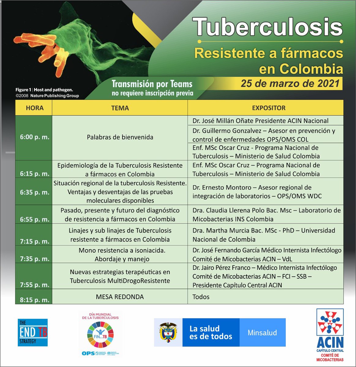 GERMANESPARZA_'s tweet photo. Soy Germán Esparza de @OPSOMS_Col y los invito esta noche 6:00 pm al foro “ TB resistente a fármacos en Colombia “ .  Con @acinnacional @acincentral @MinSaludCol @opsoms  @INSColombia @MedicinaUNAL  @MedicinaPUJ @PujCiencias @APInfectologia 
Link :
https://t.co/rgh1nIpi7g https://t.co/npQv9oJpKw