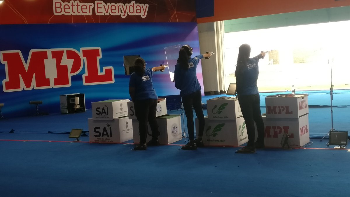 indianshooting's tweet photo. ISSF World Cup: Indian team of @SarnobatRahi, @ChinkiYadav4 &amp; @realmanubhaker during the Women's 25m Pistol Finals. https://t.co/daAKhSMEdh