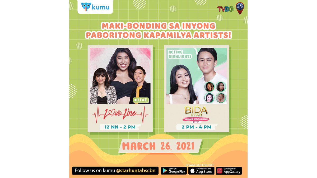 Friday na bukas, Starmates! Hang out with your fave Kapamilya Stars!

✨12nn: Love Line w/ Kiara and PBB Connect ex-housemates Gail &amp; Ralph
✨2pm: Bida Star #GandangNaturallyFresh EXTRA acting highlights

See you sa app.kumu.ph/starhunt!
<a href="/_kiatakahashi/">Kiara Takahashi</a> <a href="/struggail/">GAIL BANAWIS</a> @iRalphx1998